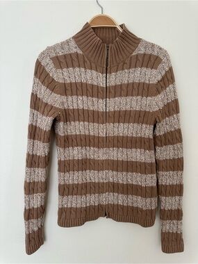 L.L. Bean Brown & Cream Marled Cable Zip Cardigan